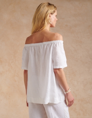 Linen Gathered Blouse With Lace Insert - White