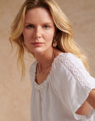 Linen Gathered Blouse With Lace Insert - White