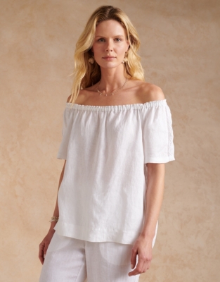 Linen Gathered Blouse With Lace Insert - White