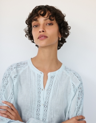 Linen Gauze Button Through Blouse - Ice Blue