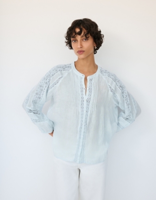 Linen Gauze Button Through Blouse - Ice Blue