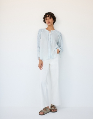 Linen Gauze Button Through Blouse - Ice Blue