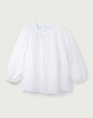 Linen Gauze Half Placket Pintuck Blouse Tops & TShirts The White