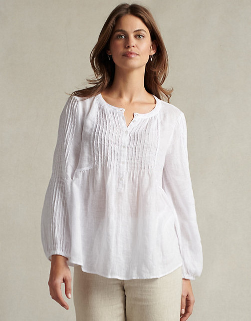 Linen Gauze Half Placket Pintuck Blouse | Tops & T-Shirts | The White ...
