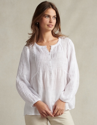 Linen Gauze Half Placket Pintuck Blouse Tops & TShirts The White