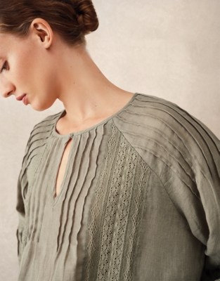 Linen Gauze Pintuck Boho Blouse - Khaki