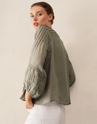 Linen Gauze Pintuck Boho Blouse - Khaki