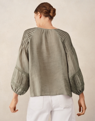 Linen Gauze Pintuck Boho Blouse - Khaki