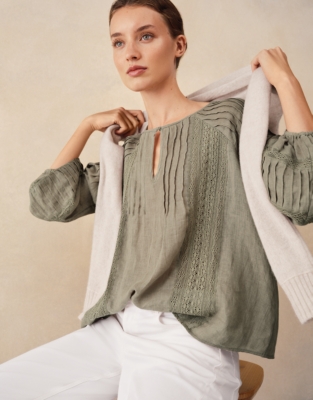 Linen Gauze Pintuck Boho Blouse - Khaki