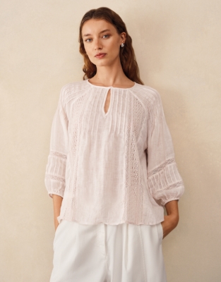 Linen Gauze Pintuck Boho Blouse - Baby Pink