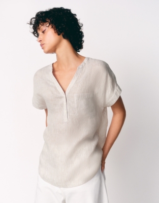 Linen Gauze Pop Over Stripe Shirt