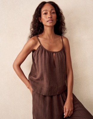 Linen Gauze Strappy Scoop Neck Top - Chocolate