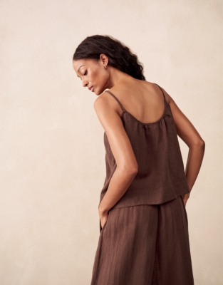 Linen Gauze Strappy Scoop Neck Top - Chocolate