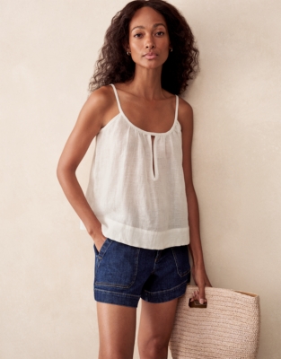 Linen Gauze Strappy Scoop Neck Top - Porcelain