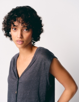Linen Jersey Button Through Tank - Slate Grey