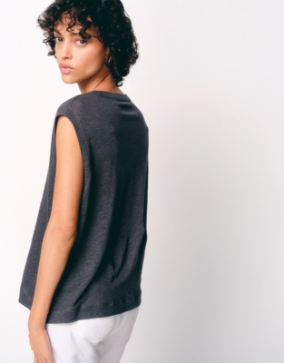 Linen Jersey Button Through Tank - Slate Grey