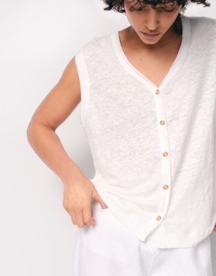 Linen Jersey Button Through Tank - Porcelain