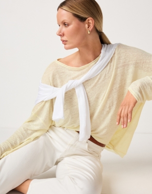 Linen Jersey Long Sleeve Drapey Top - Lemon