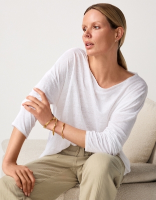Linen Jersey Long Sleeve Drapey Top - White