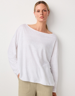 Linen Jersey Long Sleeve Drapey Top - White