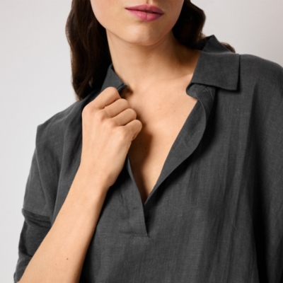 Linen Jersey Pop Over Collared Shirt - Slate Grey