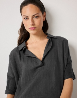 Linen Jersey Pop Over Collared Shirt - Slate Grey