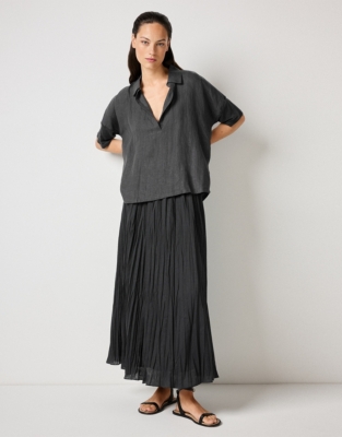 Linen Jersey Pop Over Collared Shirt - Slate Grey
