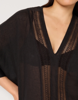 Linen Lace Insert Maxi Kaftan - Black