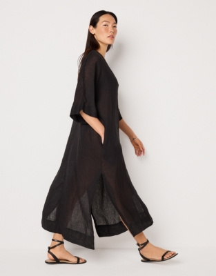 Linen Lace Insert Maxi Kaftan - Black