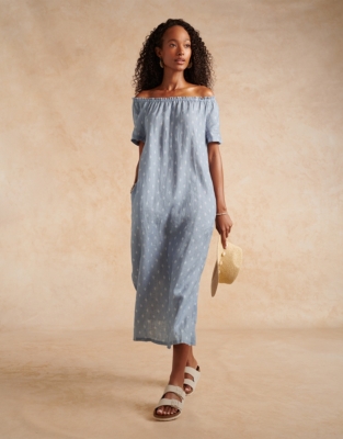 Linen Off The Shoulder Printed Maxi Dress