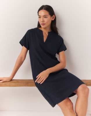 Linen Rib Side Dress with Pintuck Yoke - Navy