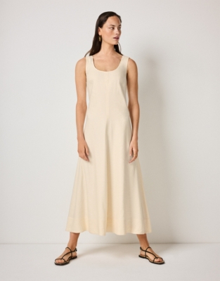 Linen Rich A-Line Dress With Contrast Stitching