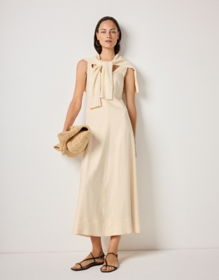 Linen Rich A-Line Midi Dress With Contrast Stitching