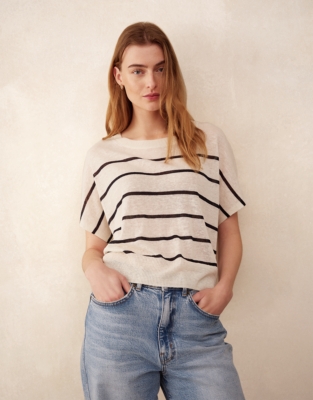 Linen Rich Extended Shoulder Stripe Tee
