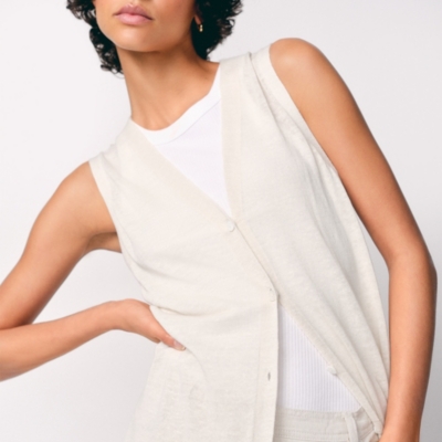 Linen Rich Long Line Sleeveless Cardigan