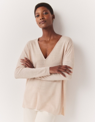 Linen Rich Oversized V-Neck Jumper - Shell