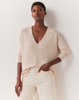 Linen Rich Oversized V-Neck Jumper - Shell