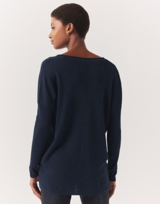 Linen Rich Oversized V-Neck Jumper - Navy