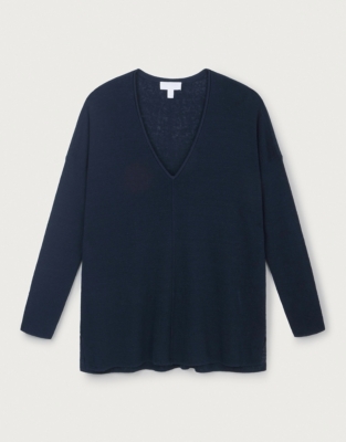 Linen Rich Oversized V-Neck Jumper - Navy