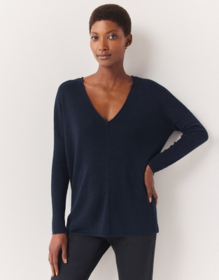 Linen Rich Oversized V-Neck Jumper - Navy