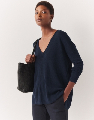 Linen Rich Oversized V-Neck Jumper - Navy