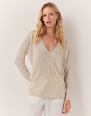 Linen Rich Oversized V-Neck Jumper - Flax