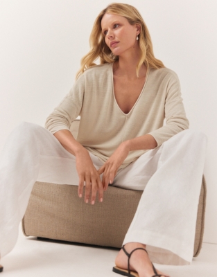 Linen Rich Oversized V-Neck Jumper - Flax