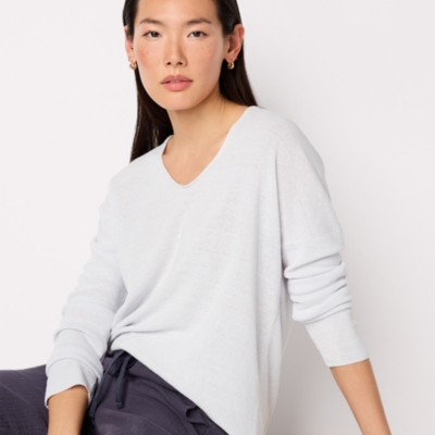 Linen Rich Oversized Voop Neck Jumper - Ice Blue