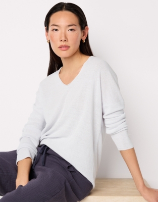 Linen Rich Oversized Voop Neck Jumper - Ice Blue