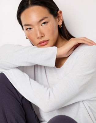 Linen Rich Oversized Voop Neck Jumper - Ice Blue