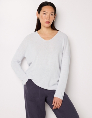 Linen Rich Oversized Voop Neck Jumper - Ice Blue