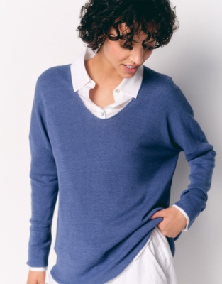 Linen Rich Oversized Voop Neck Jumper - Liberty Blue