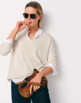 Linen Rich Oversized Voop Neck Jumper - Soft White