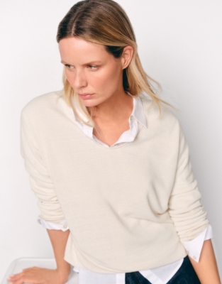 Linen Rich Oversized Voop Neck Jumper - Soft White